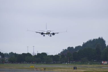 Airplane descending toward a runway with landing gear down approaching a grassy field and trees under a cloudy sky
