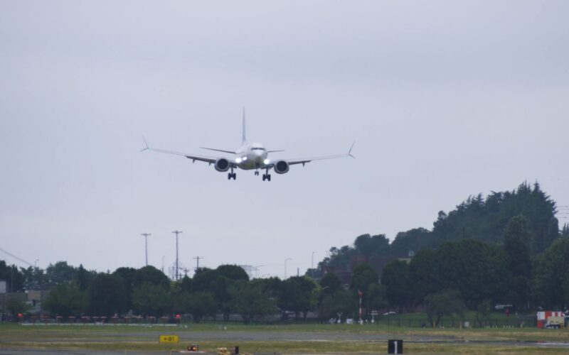 737 10 completes image 1 1 Airplane descending toward a runway with landing gear down approaching a grassy field and trees under a cloudy sky