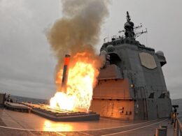A Tomahawk cruise missile launches from the Japan Maritime Self Defense Force destroyer JS Chokai during a live fire test
