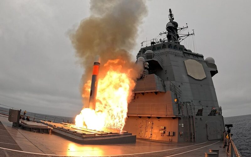 A Tomahawk cruise missile launches from the Japan Maritime Self Defense Force destroyer JS Chokai during a live fire test A Tomahawk cruise missile launches from the Japan Maritime Self Defense Force destroyer JS Chokai during a live fire test