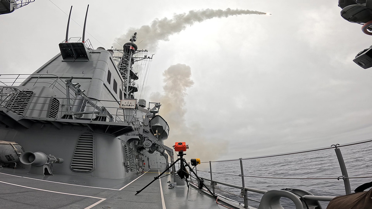 A Tomahawk cruise missile launches from the Japan Maritime Self Defense Force destroyer JS Chokai during a live fire test in the Pacific Ocean on July 29 2026 Credit Japan Ministry of Defense Gray naval warship on the open sea fires a rocket a smoke plume trailing into a cloudy sky
