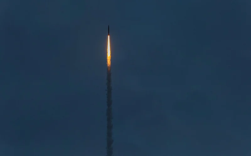 An unidentified Fire Point missile climbs under rocket power during a launch