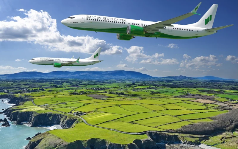 Two SMBC Aviation Capital airplanes fly in formation over a patchwork green farmland along a rocky coastline under a blue sky
