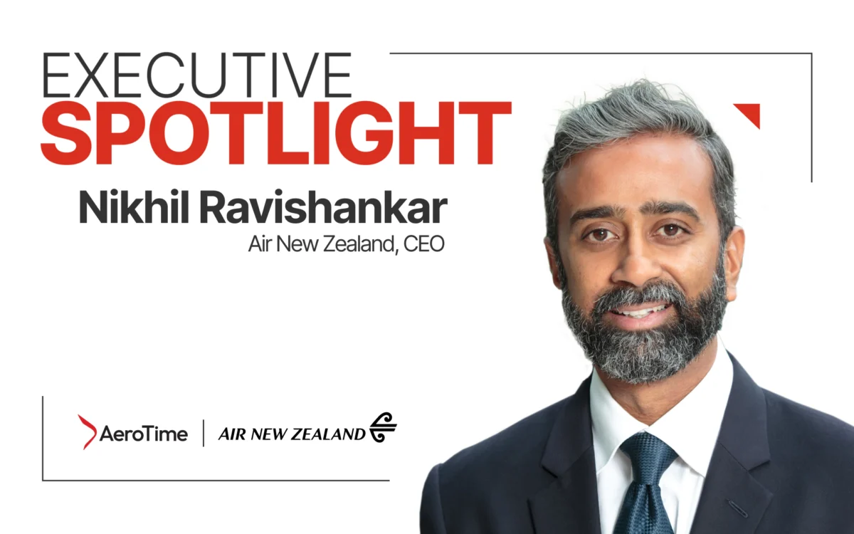 Executive Spotlight banner featuring Nikhil Ravishankar CEO of Air New Zealand with a partial headshot on the right