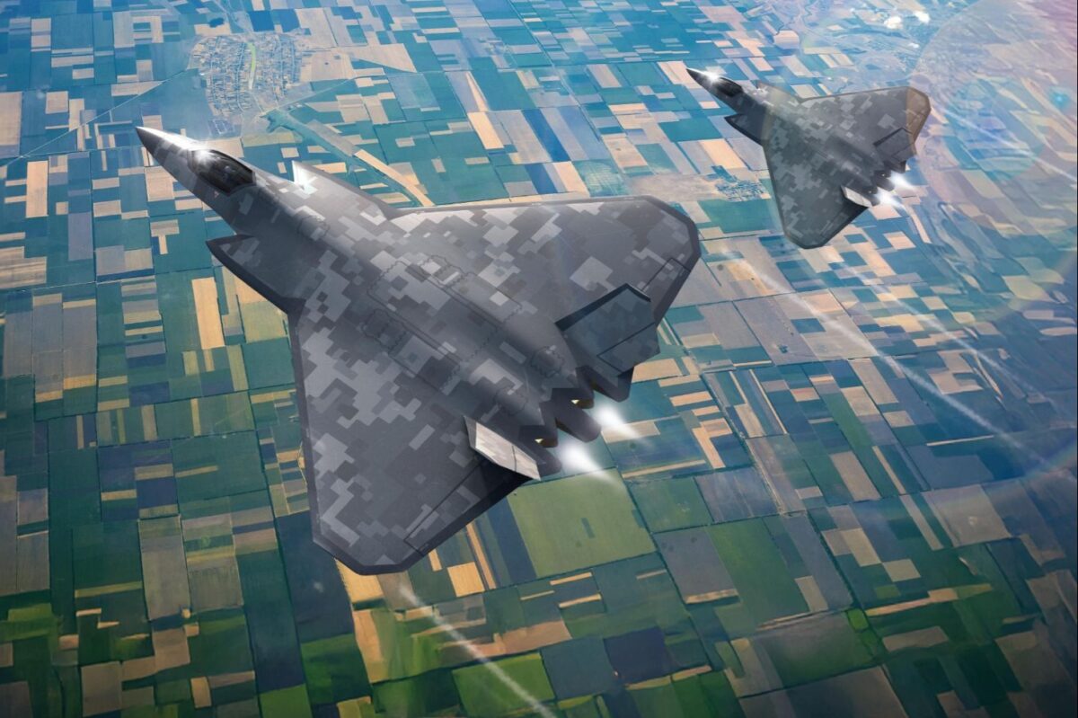 GCAP July 2026 Two stealth bombers flying in formation over patchwork farmland seen from above