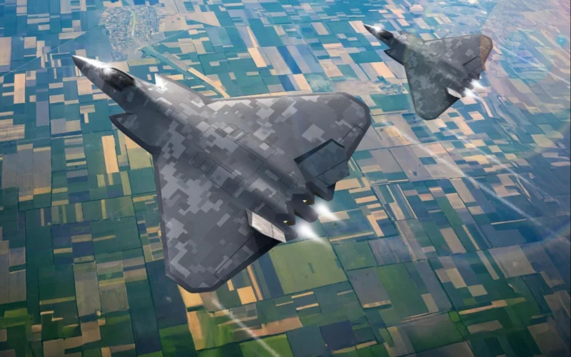 Two stealth bombers flying in formation over patchwork farmland seen from above