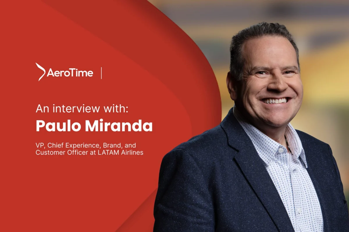 Interview 1620x1080 Paulo Miranda AeroTime interview banner featuring the subject LATAM Airlines VP smiling man in a dark suit on the right against a red background