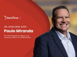AeroTime interview banner featuring the subject LATAM Airlines VP smiling man in a dark suit on the right against a red background