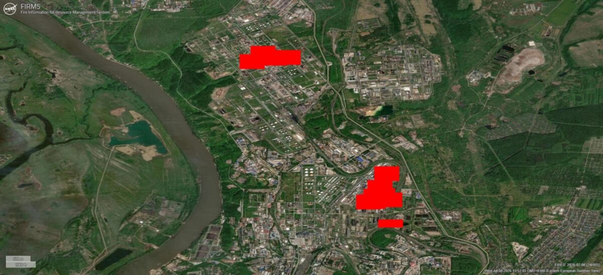 NASA FIRMS image showing active fire detections in the Ufa refinery area in Bashkortostan Satellite map with three red rectangles marking active fire locations in a city along a river on the left side of the image