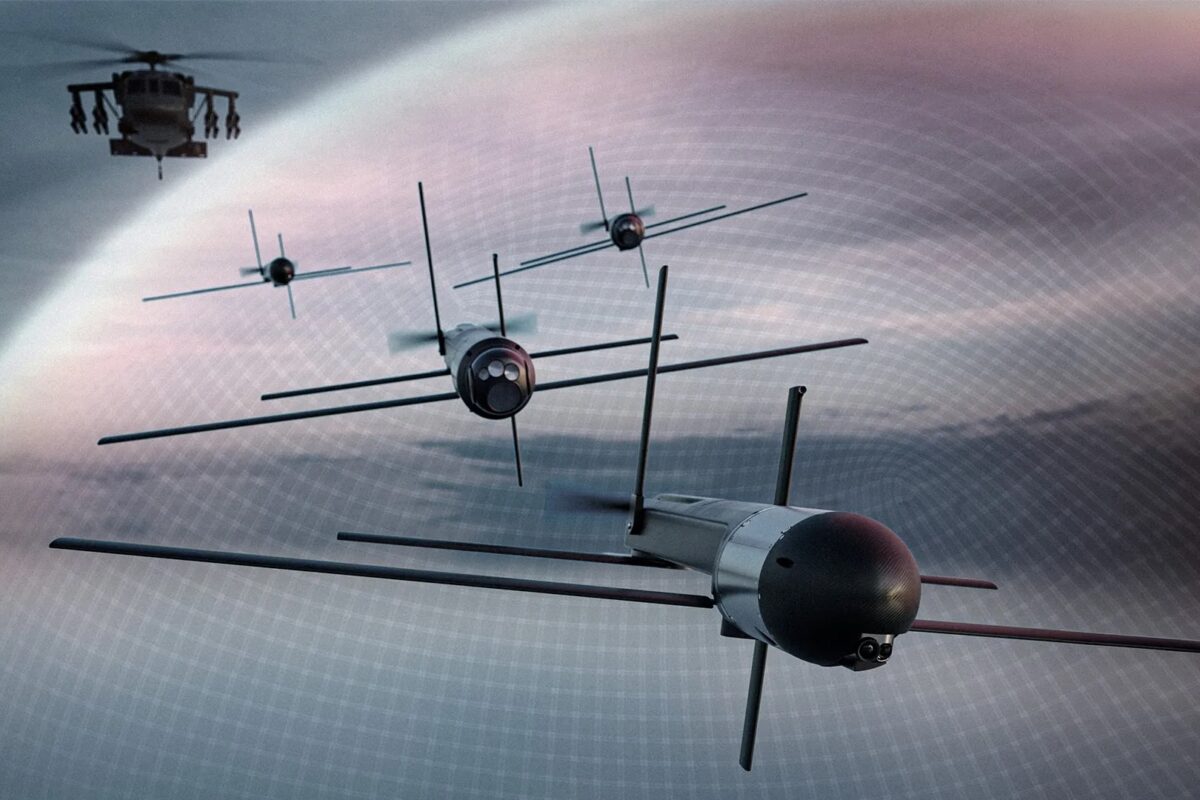 Formation of several drone aircraft with cross shaped wing extensions flying in a hazy sky a helicopter visible in the upper left corner