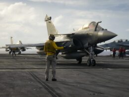 French Rafale Marine fighter jet on the flight deck of the Nimitz class aircraft carrier USS Carl Vinson