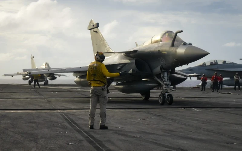 French Rafale Marine fighter jet on the flight deck of the Nimitz class aircraft carrier USS Carl Vinson