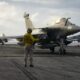 French Rafale Marine fighter jet on the flight deck of the Nimitz class aircraft carrier USS Carl Vinson