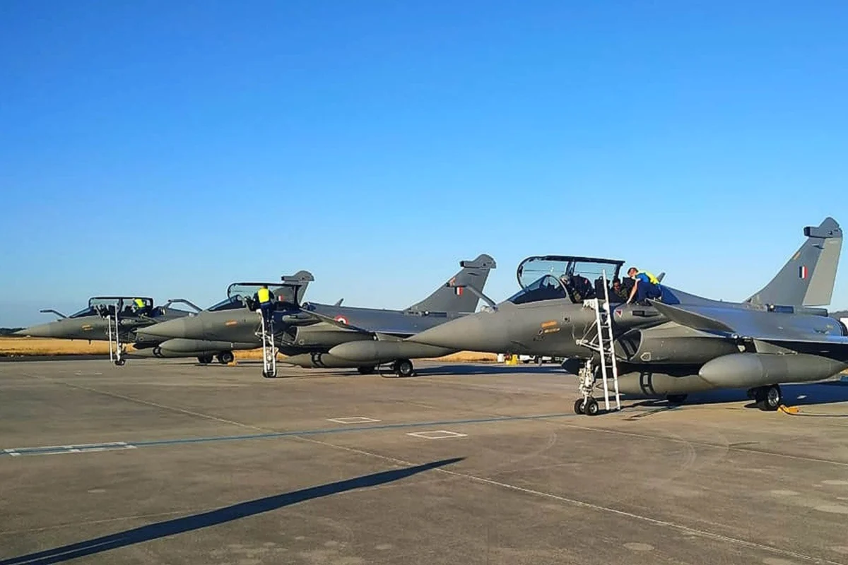 Rafale fighter jets preparing to take off from Dassault Aviation Facility in Merignac