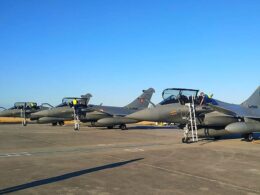 Rafale fighter jets preparing to take off from Dassault Aviation Facility in Merignac