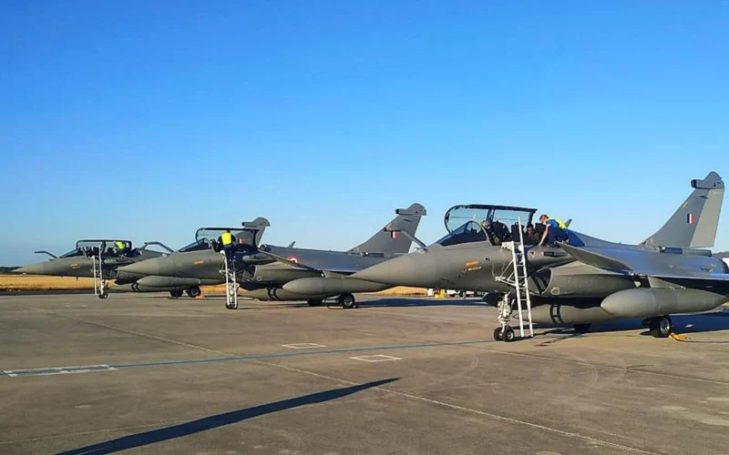 Rafale fighter jets preparing to take off from Dassault Aviation Facility in Merignac