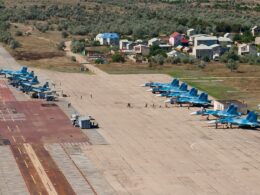 Russian fighters parked in the open at Saki airbase in occupied Crimea