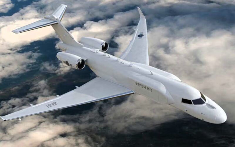 South Korea AEWC L3Harris 1200x800 White military jet with South Korean markings in flight above clouds viewed from above