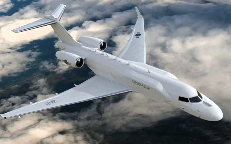 White military jet with South Korean markings in flight above clouds viewed from above