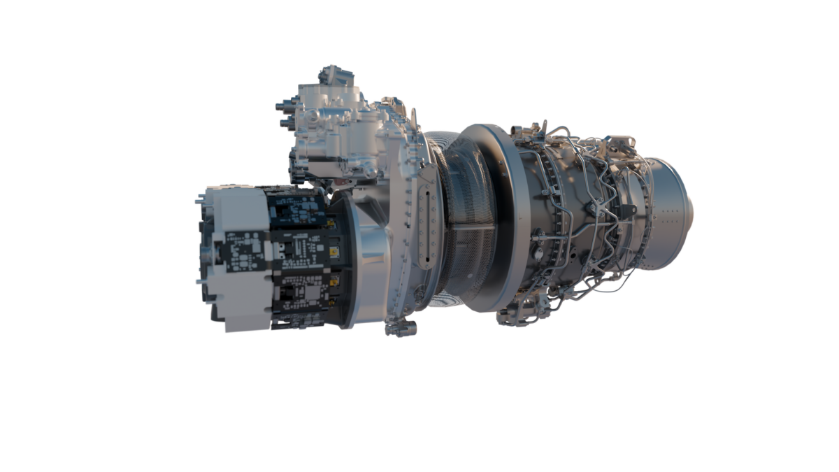 TG600 2026©Safran High detail 3D rendering of a jet engine core with exposed components pipes and wiring viewed from the side