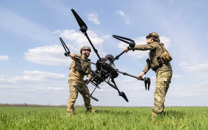 Two soldiers in camouflage lift a large quadcopter drone between them in a grassy field under a blue sky