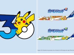 Pikachu beside a large blue number 3 on a light blue background split image with playful Pokémon theme left side