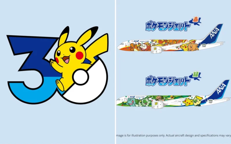 Pikachu beside a large blue number 3 on a light blue background split image with playful Pokémon theme left side