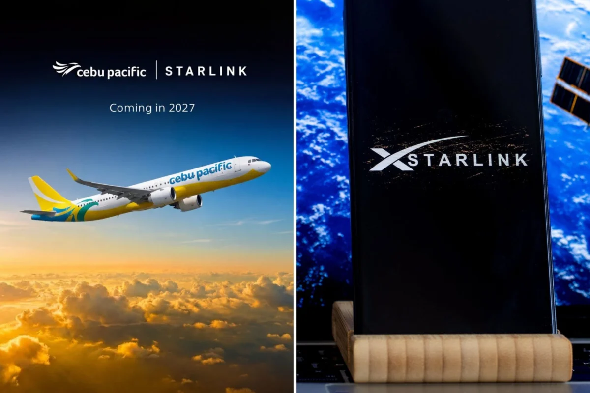Cebu Pacific to offer Starlink Wi Fi on flights by 2027 Split image left shows a Cebu Pacific plane with Coming in 2027 and Starlink logo at sunset right shows a Starlink device on a desk with Earth in space