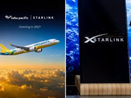 Split image left shows a Cebu Pacific plane with Coming in 2027 and Starlink logo at sunset right shows a Starlink device on a desk with Earth in space