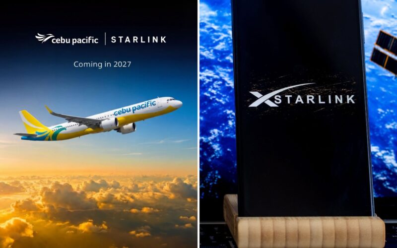 Cebu Pacific to offer Starlink Wi Fi on flights by 2027 Split image left shows a Cebu Pacific plane with Coming in 2027 and Starlink logo at sunset right shows a Starlink device on a desk with Earth in space