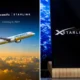 Split image left shows a Cebu Pacific plane with Coming in 2027 and Starlink logo at sunset right shows a Starlink device on a desk with Earth in space