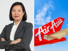 Professional Asian woman in a dark blazer with folded arms left Second image shows an AirAsia red airplane tail against a blue sky right