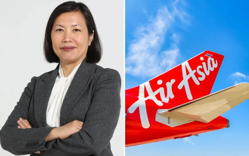 Professional Asian woman in a dark blazer with folded arms left Second image shows an AirAsia red airplane tail against a blue sky right