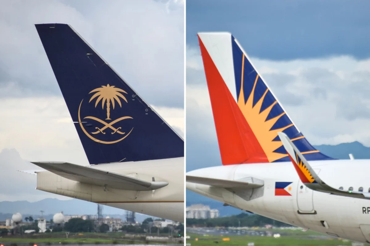 Untitled design 14 Split image showing two airplane tails left tail dark blue with a gold palm tree and crossed swords emblem right tail with orange and dark blue pattern and white tip on a bright sky backdrop