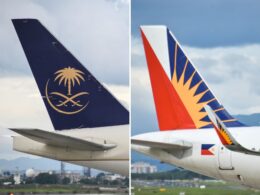 Split image showing two airplane tails left tail dark blue with a gold palm tree and crossed swords emblem right tail with orange and dark blue pattern and white tip on a bright sky backdrop
