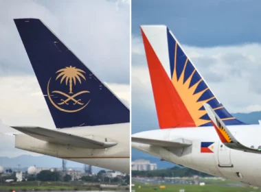 Split image showing two airplane tails: left tail dark blue with a gold palm tree and crossed swords emblem, right tail with orange and dark blue pattern and white tip on a bright sky backdrop.