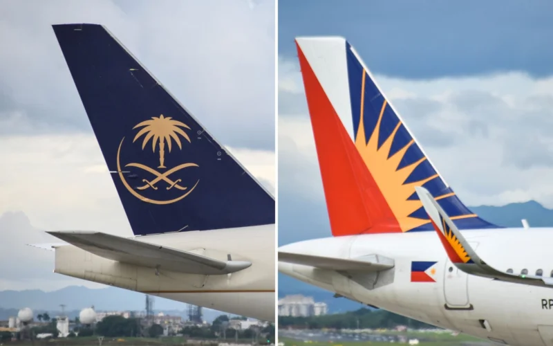 Split image showing two airplane tails left tail dark blue with a gold palm tree and crossed swords emblem right tail with orange and dark blue pattern and white tip on a bright sky backdrop