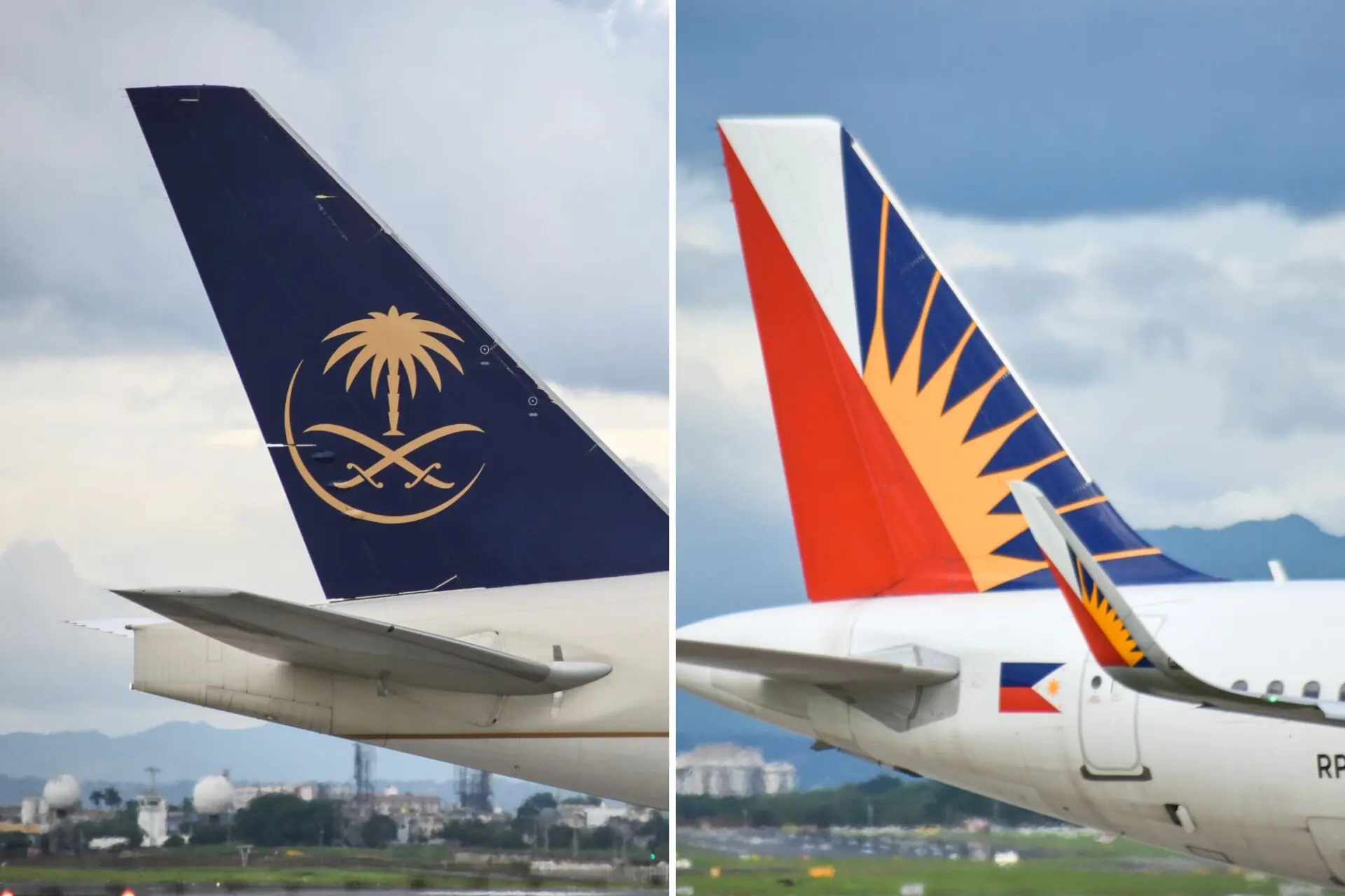Split image showing two airplane tails left tail dark blue with a gold palm tree and crossed swords emblem right tail with orange and dark blue pattern and white tip on a bright sky backdrop