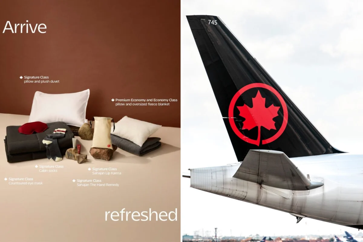 Split ad left side shows a hotel bed with pillows and text Arriverefreshed right side shows a jet with a red maple leaf tail logo