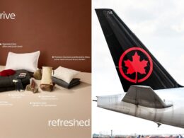 Split ad left side shows a hotel bed with pillows and text Arriverefreshed right side shows a jet with a red maple leaf tail logo