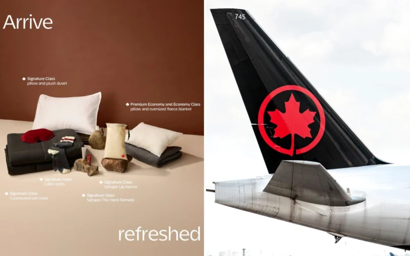 Split ad left side shows a hotel bed with pillows and text Arriverefreshed right side shows a jet with a red maple leaf tail logo