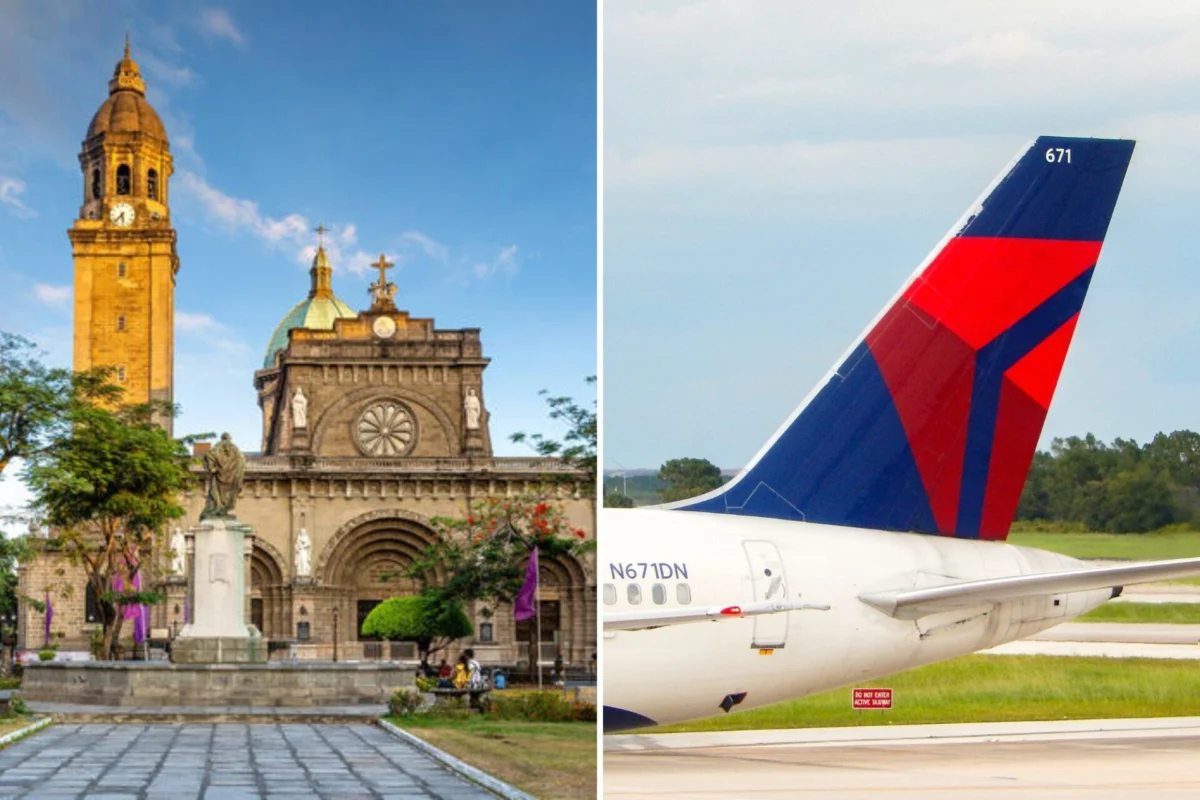 Historic church with a clock tower and domed roof in a plaza on the left a Delta airplane tail on the right with blue red and white colors in flight prep on the runway