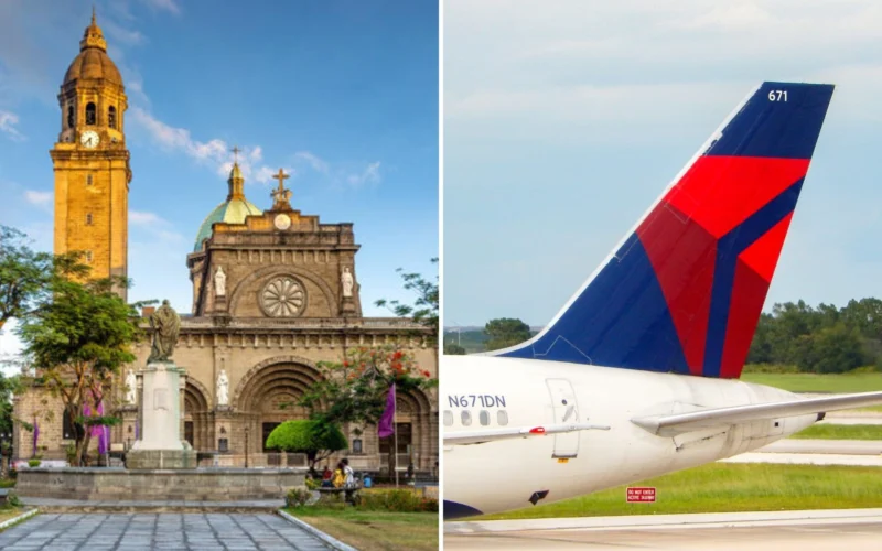 Historic church with a clock tower and domed roof in a plaza on the left a Delta airplane tail on the right with blue red and white colors in flight prep on the runway
