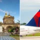 Historic church with a clock tower and domed roof in a plaza on the left a Delta airplane tail on the right with blue red and white colors in flight prep on the runway