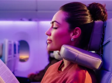 Female passenger on a plane resting with a neck pillow, eyes closed, reading a paper under purple cabin lighting.