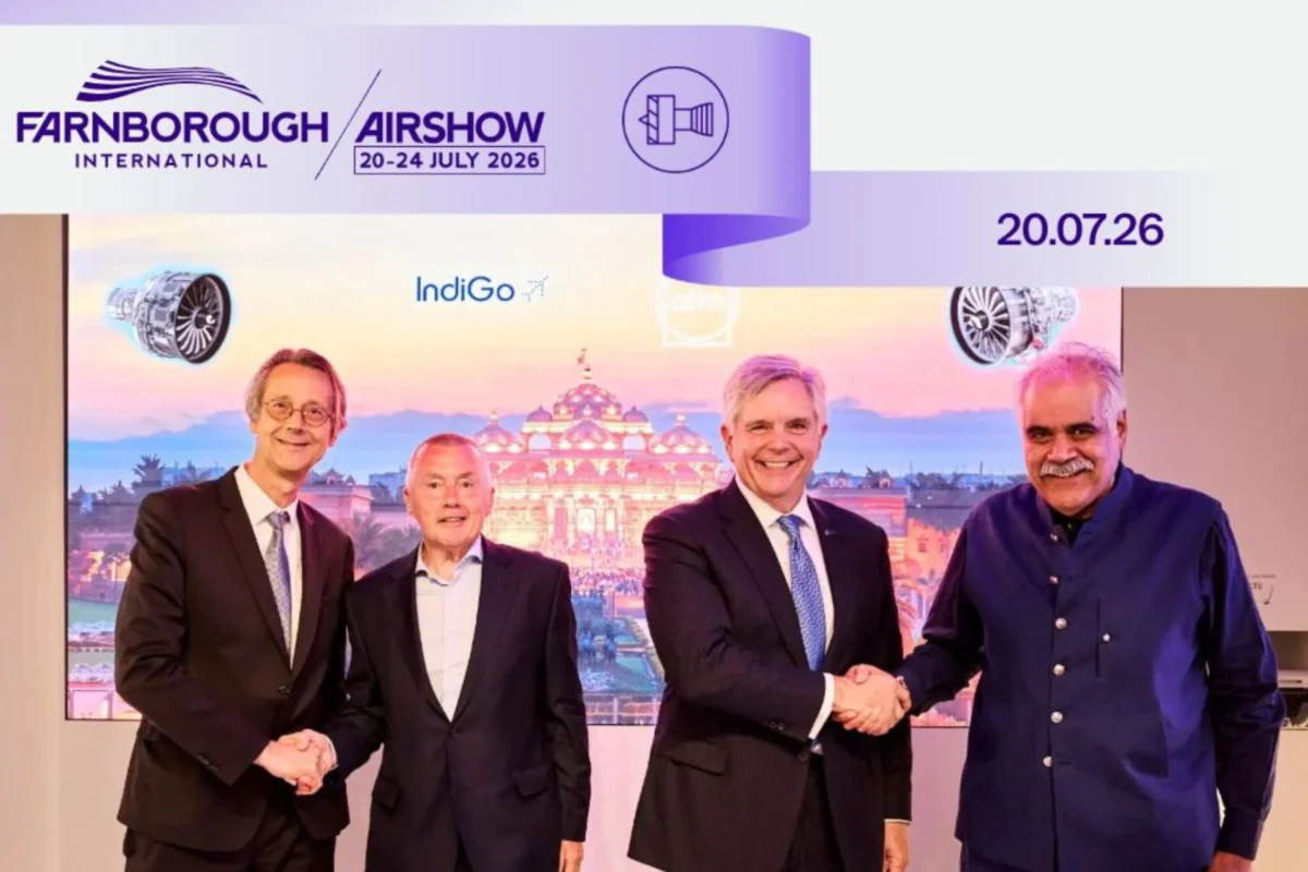 IndiGo and CFM sign MoU for record LEAP 1A engine order Four men in suits shake hands at Farnborough International Airshow banner reads 2024 July 2026