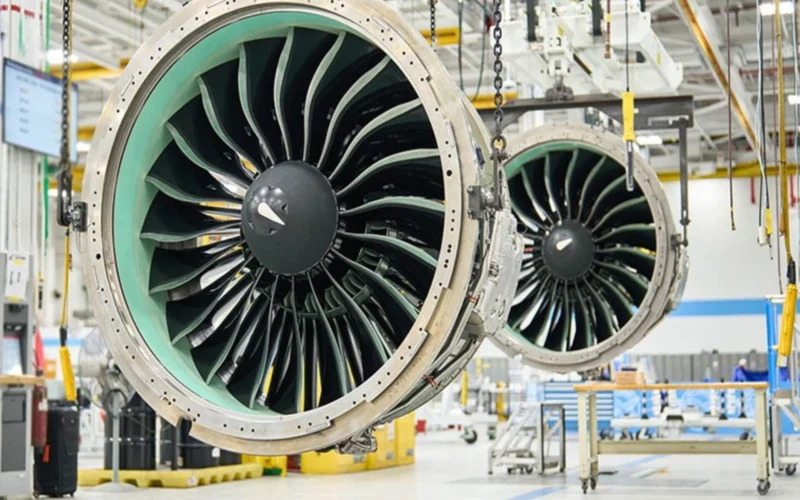Two large jet engine nacelles suspended in a maintenance hangar showing turbine blades in view
