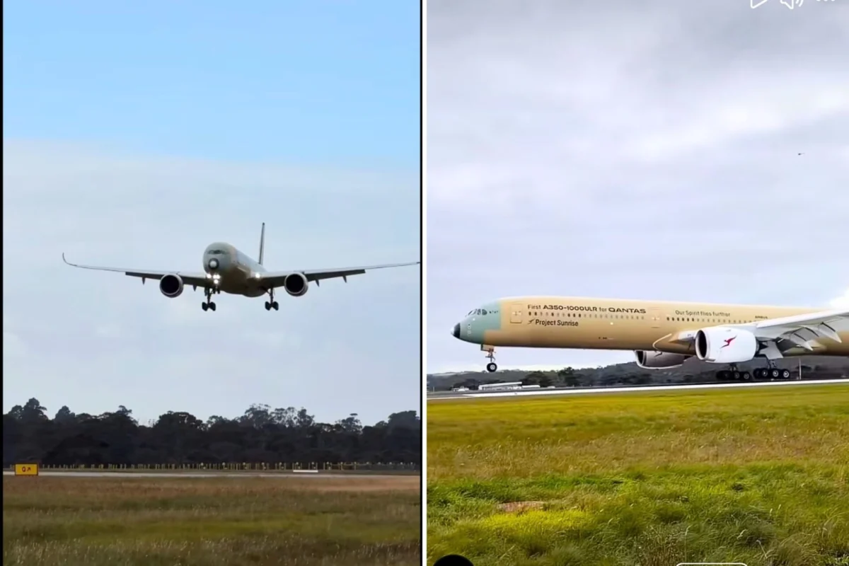 Touchdown Qantas A350 test flight lands after 19 hours Left an airliner descending toward a runway with gear down under a blue sky right a Qantas A350 1000 aircraft on a runway showing its engines and landing gear with fuselage text visible