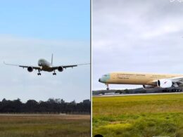 Left an airliner descending toward a runway with gear down under a blue sky right a Qantas A350 1000 aircraft on a runway showing its engines and landing gear with fuselage text visible