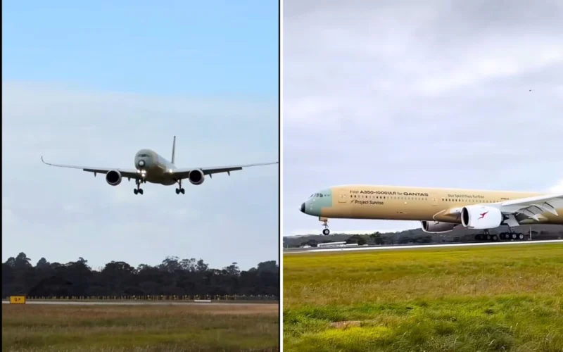 Left an airliner descending toward a runway with gear down under a blue sky right a Qantas A350 1000 aircraft on a runway showing its engines and landing gear with fuselage text visible